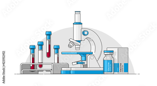 Vector set of objects in flat style with an outline for medical infographics. Isolated template of microscope, blood test tubes, covid vaccine. Chemical laboratory research. Illustration for design