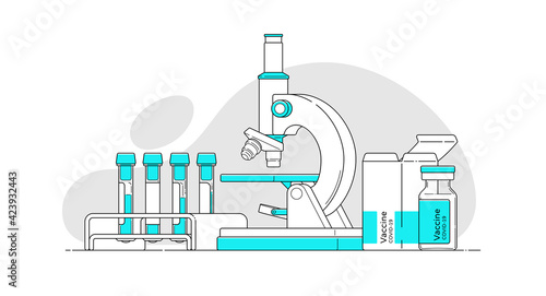 Set of objects in flat style with outline for medical design, infographics. Isolated template of microscope, test tubes with blood, covid vaccine with box. Vector illustration. Laboratory research