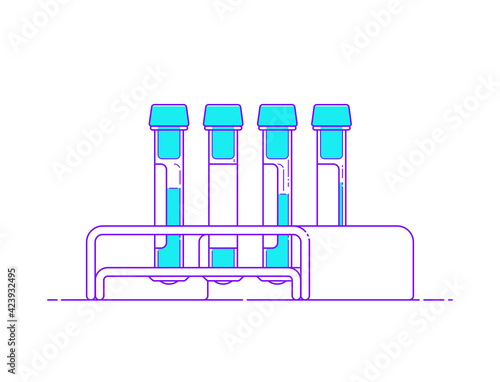 Template test tube with rack for medical design, logo. Blood sample vector isolated icon. Flat illustration in line art style with outline. Biochemical analysis. Chemical laboratory research