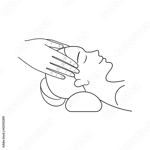 Head massage vector thin line EPS 10 illustration. SPA and relax therapy. Reflexology practice.