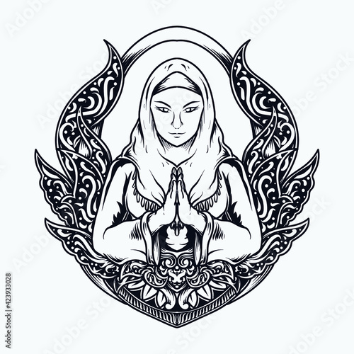  t-shirt design black and white hand drawn muslim women engraving ornament