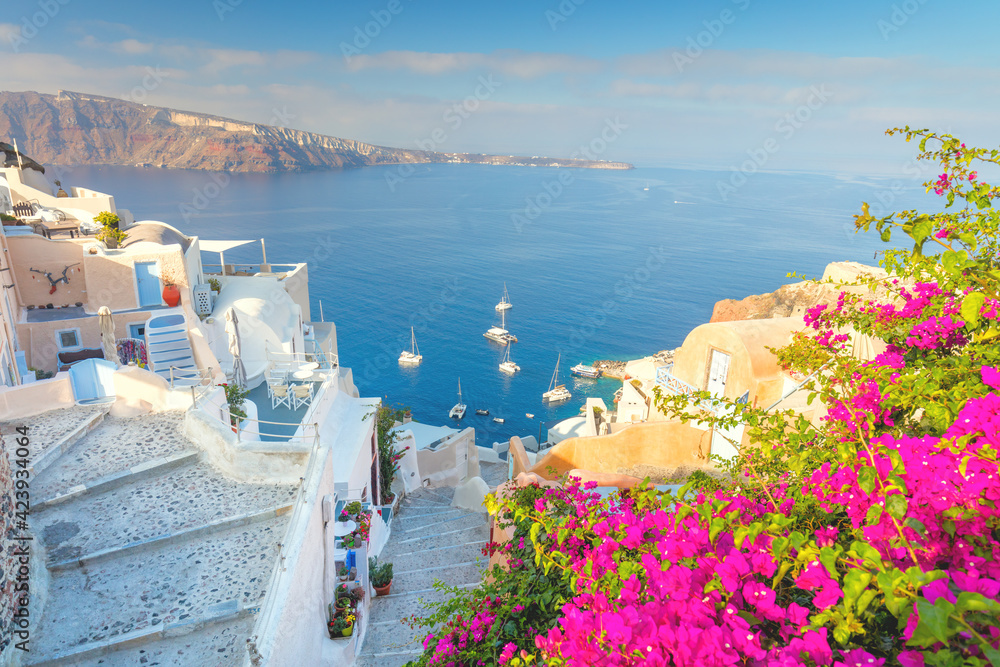 Fototapeta premium Narrow street with flowers, traditional Greek houses and a staircase to the sea, Santorini, Greece