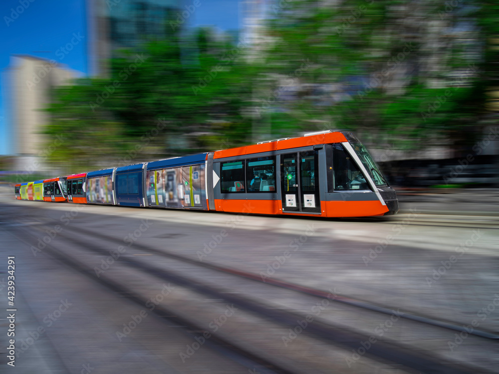 Tram moving through George St at Circular Quay in Sydney NSW Australia