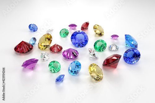Принти на полотні A scattering of rubies, diamonds, emeralds, sapphires on a white surface
