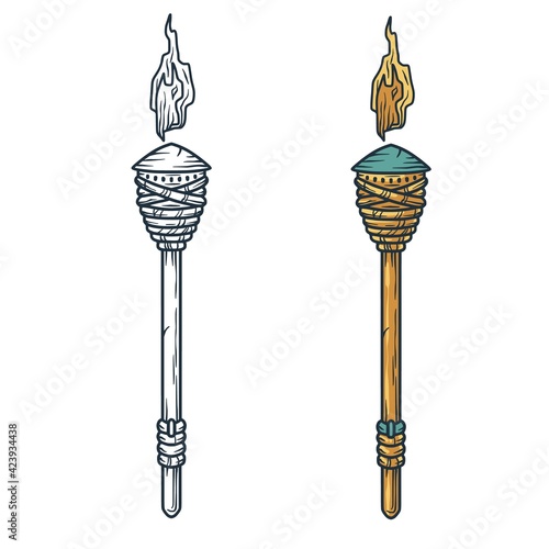 Trendy hawaii wooden tiki torch for surfing bar. Traditional ethnic flame of hawaiian, maori or polynesian. Old tribal flare