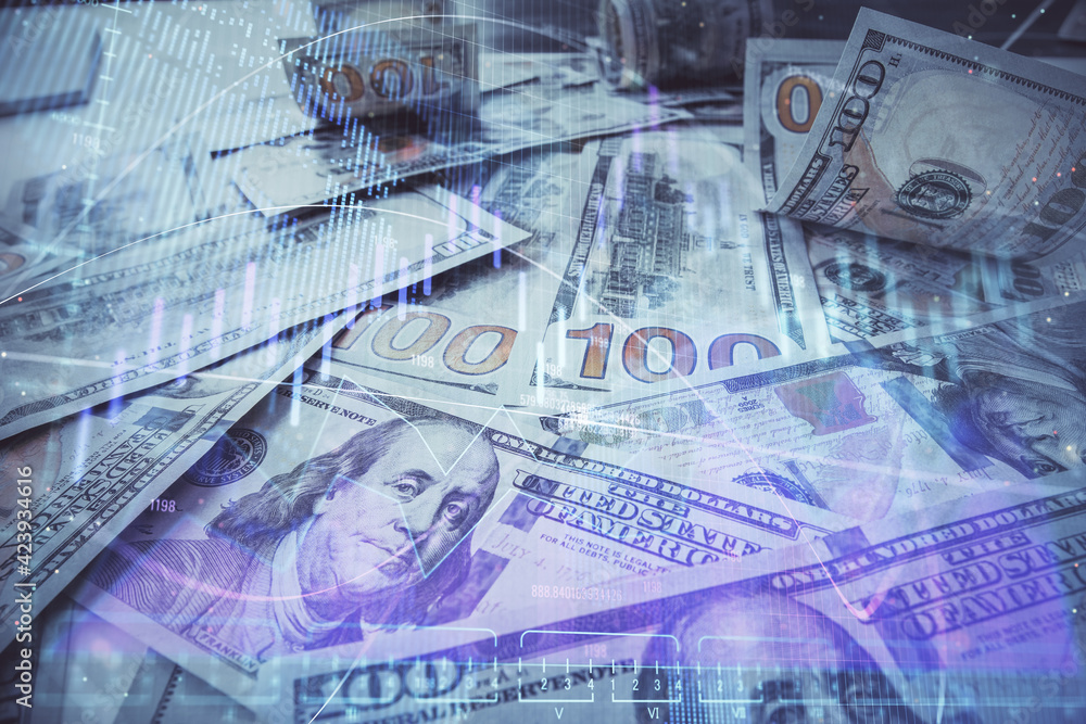 Multi exposure of forex chart drawing over us dollars bill background. Concept of financial success markets.