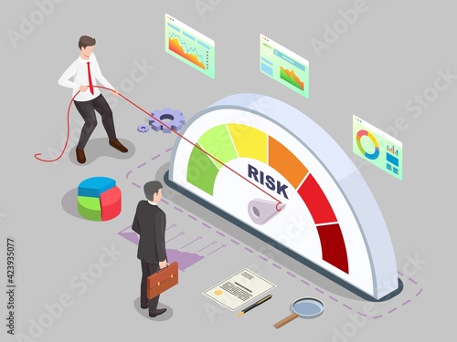 Isometric businessman turning risk meter arrow back with rope, flat vector illustration. Effective risk management.