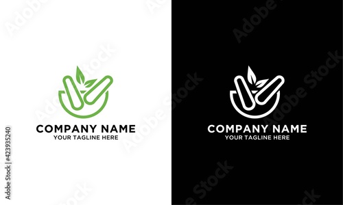 Pharmaceutical mortar and pestle with green leaf, pharmacy and alternative medicine isolated vector logo template with sample text