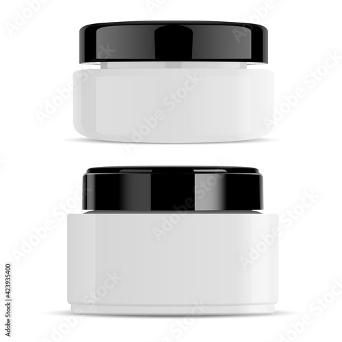 White cream jar black cap gloss container mockup. Body scrub beauty packaging, vector box. Creme can mock up, 3d vector template. Round lotion bottle, serum gel canister, face cream case