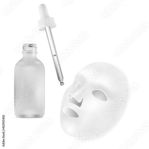 Face mask sheet. Facial serum dropper bottle, 3d pack. Skin treatment disposable solution. Spa collagen cotton mask, female medicine. Face moisture treatment bottle blank, premium beauty