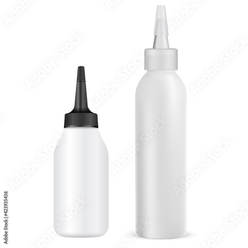 Hair dye tube, vector package mock up, hair colour beauty dropper, isolated sample products. Hair cream or balsam container design, haidressing tint bottle, dyeing paint mockup