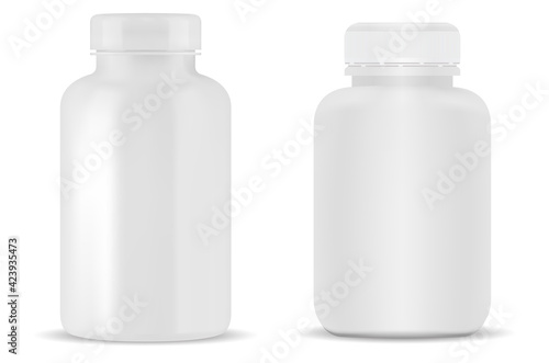 White pill bottle. Plastic supplement jar blank. Prescription drug capsule can. medicament cure product bottle design. Pharmaceutical remedy jar vertical template illustration. Vitamine bottle