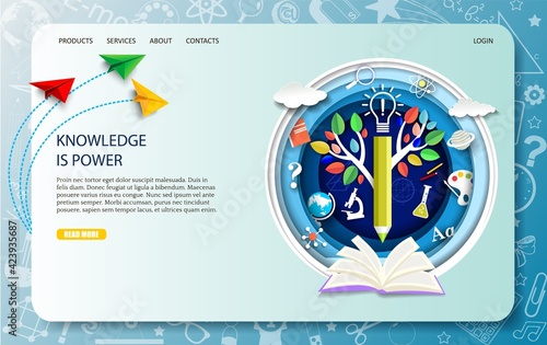 Education landing page design, website banner template. Vector illustration in paper art style.