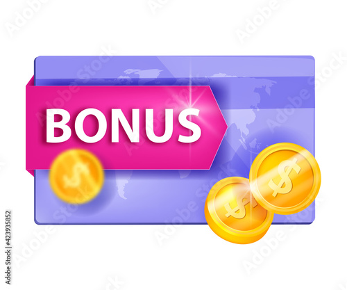 Gift bonus card, customer reward, loyalty program vector illustration, golden coins isolated on white. Discount, client points, cashback service, sale promo concept. VIP loyalty program voucher design