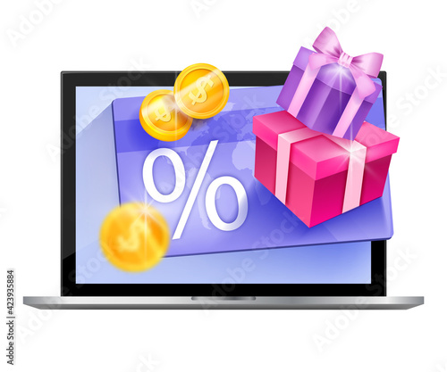 Customer loyalty program vector illustration, gift card isolated concept, laptop screen, golden coins. Discount, client bonus reward concept, present box. Loyalty program 3D voucher, cashback design