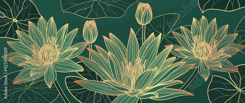 Luxury Gold lotus background vector. Golden Lotus line arts design for wallpaper, wall arts, fabric, prints and background texture, Vector illustration.