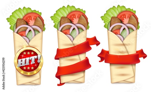 Shawarma promo banner template set, vector illustration. Turkish fast food. Realistic pita bread roll with meat, salad.