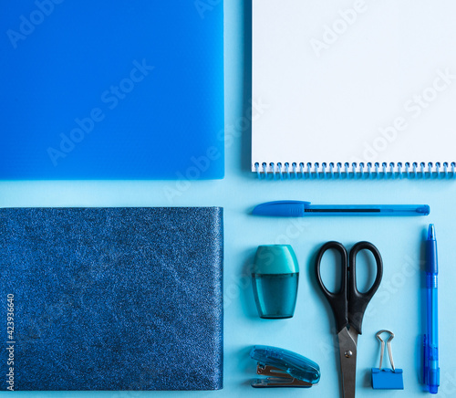 Geometric stationery set: notepad, folder, pen, scissors, sharpener and paper clip 