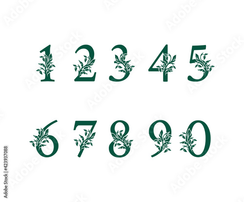 Set of Classic floral numbers. 1, 2, 3, 4, 5, 6, 7, 8, 9, 10, logo design, Nature font typography numbers set.