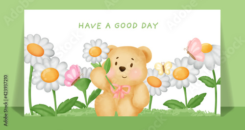 Photography Watercolor cute teddy bear in the daisy field.