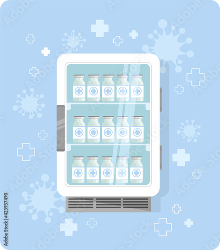 Cute medical vaccine fridge. Viral vaccine bottles standing on shelves of hospital refrigerator. Medicine clinic equipment, health care, antivirus stop pandemic concept. Flat vector illustration.