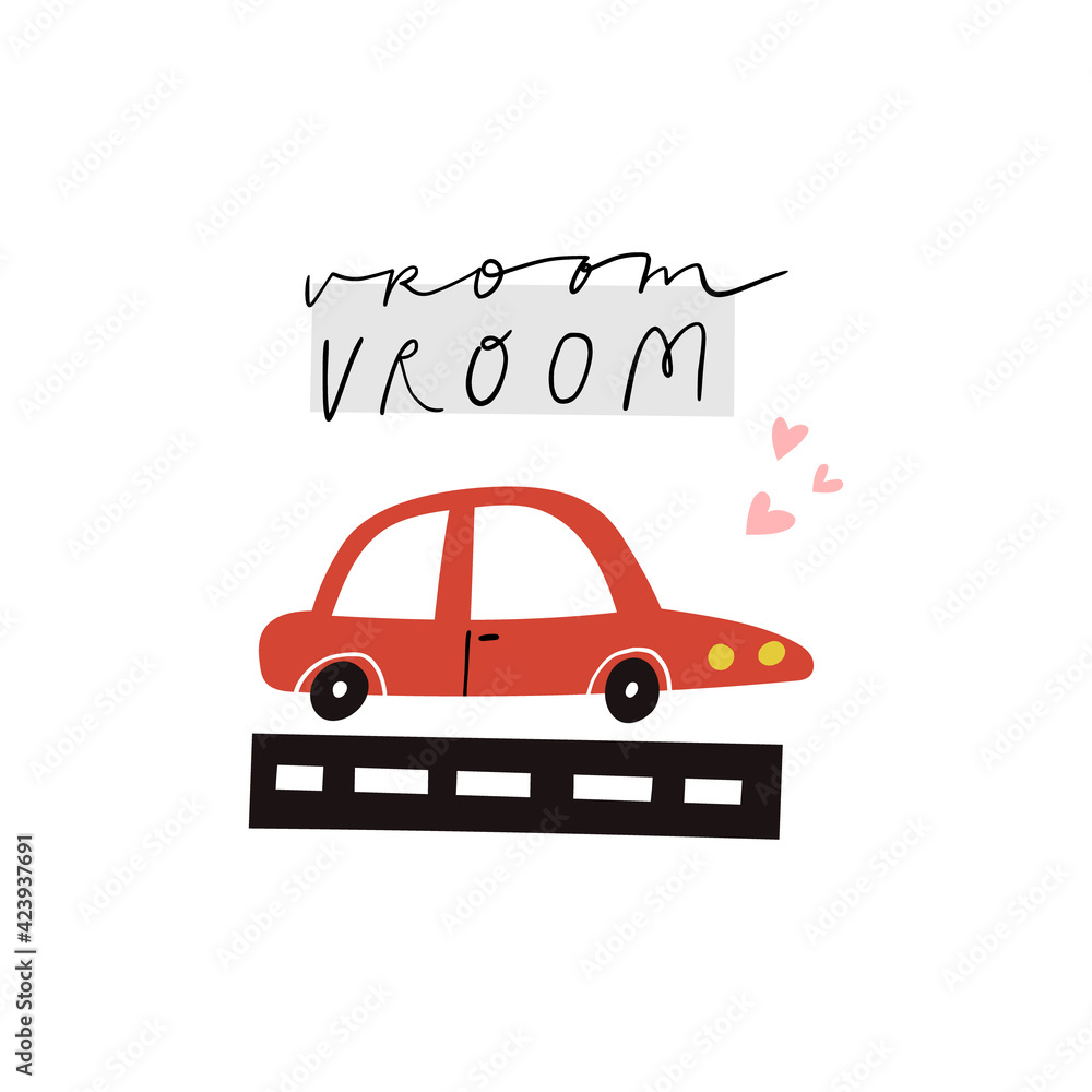 Vroom vroom handwritten lettering, flat heart shapes and car on a road 