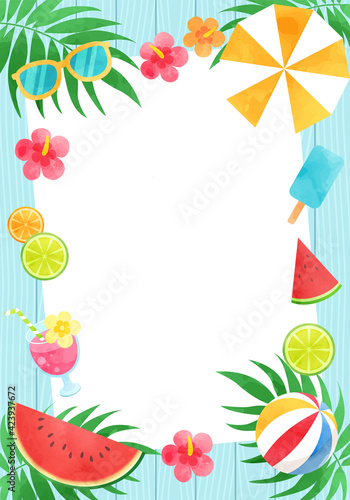 水色の木の板の背景とパラソルやスイカやサングラスなどの夏イメージのベクターイラストフレーム
