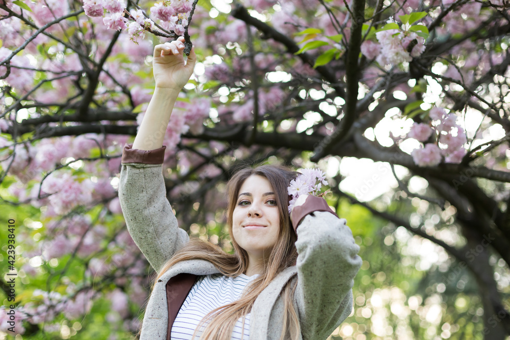 girl near blooming sakura. Spring is now. Cherry blossoms. Sakura at dusk. portrait at sunset girl near blooming sakura. Spring is now. Cherry blossoms. Sakura at dusk. portrait at sunset
