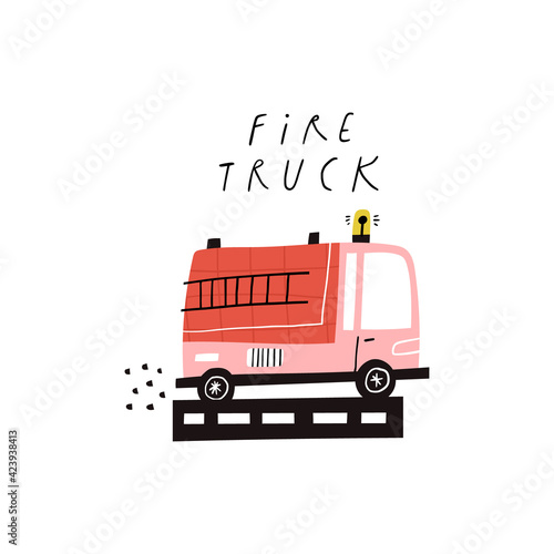 Fire truck text and cute cartoon fire engine vehicle with siren flasher light on white background