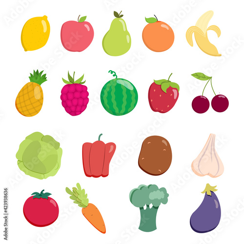 Fruit and vegetable set. Collection of vector design elements.