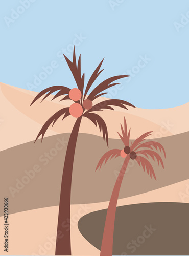 Nature pattern. Abstract seascape  sky  sea  river  palm trees   style of minimalist   hand drawn. Use for packaging  wallpaper  design for textiles  postcard  concept  clipart  vector illustration.