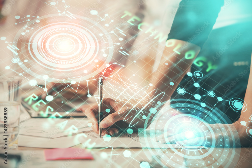 Double exposure of woman hands working on computer and data theme hologram drawing. Tech concept.