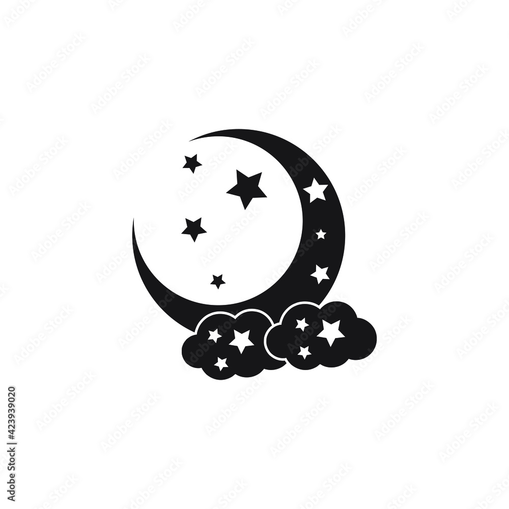 Moon, stars and clouds vector icon on background. Night sky icon. Moon, stars and clouds vector icon on background. Night sky icon.