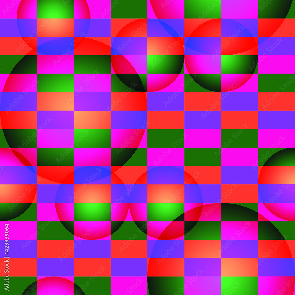 Vector seamless chess pattern with colorful squares and gradient circles