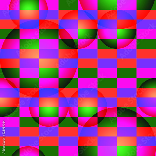 Vector seamless chess pattern with colorful squares and gradient circles