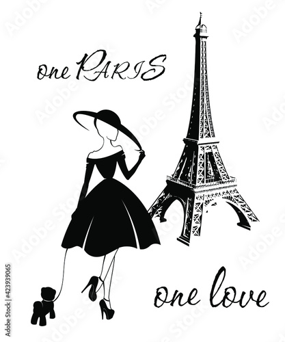 a silhouette of a girl in a hat and dress, with a small dog on a leash, against the background of the Eiffel Tower. black and white image.