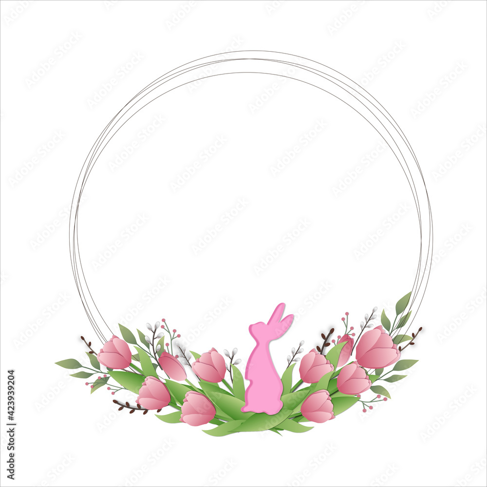Happy easter. Easter flower frame. Easter lawn, garden. postcard, poster. Template design with decorated eggs in flowers. illustration in cartoon style.