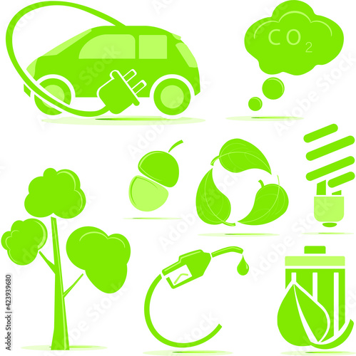 eco icons: electric car, energy-saving light bulbs, environmental emblems, leaf, trash, tree,Acorn, refueling gun with hose