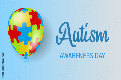 The ball is a puzzle. World Autism Awareness Day. Colorful puzzle vector blue background with balloons. A symbol of autism. Medical illustration. Healthcare. Balloons with puzzles