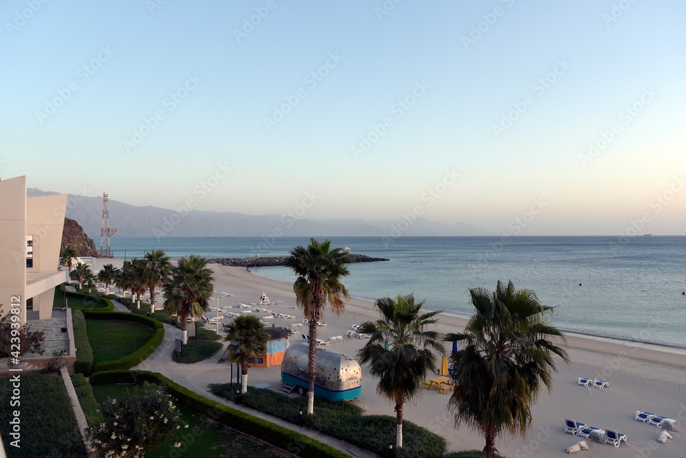 Radisson Blu Beach resort, Dibba, Al Fujairah, United Arab Emirates March 21, 2021, view of beach and sea (Gulf of Oman) at the beach resort hotel