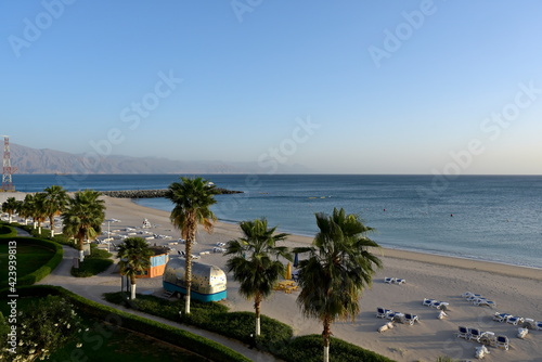 Radisson Blu Beach resort, Dibba, Al Fujairah, United Arab Emirates March 21, 2021, view of beach and sea (Gulf of Oman) at the beach resort hotel © hossein1351