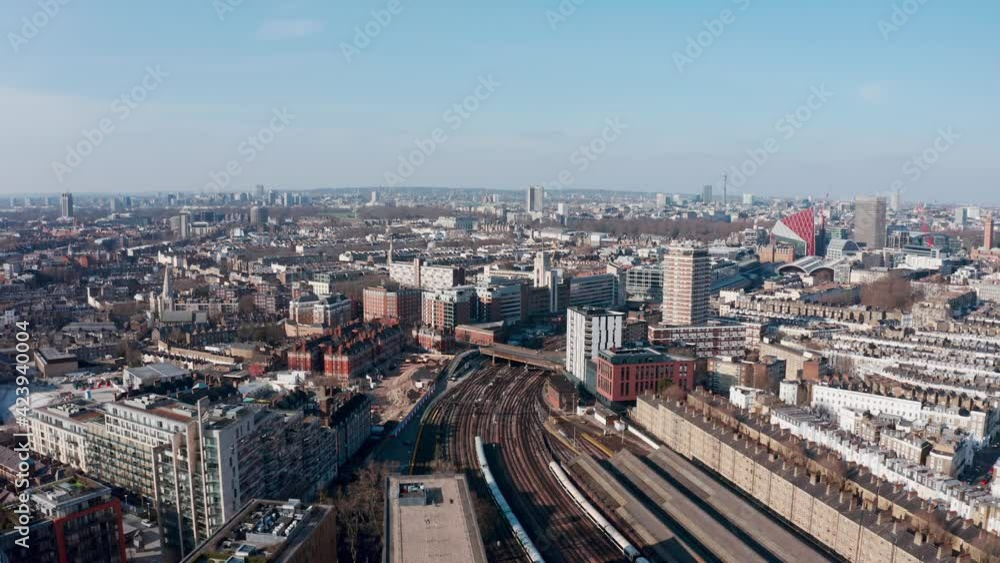 Aerial drone shot over Kensigton and Chelsea wealthy west London and victoria station Aerial drone shot over Kensigton and Chelsea wealthy west London and victoria station