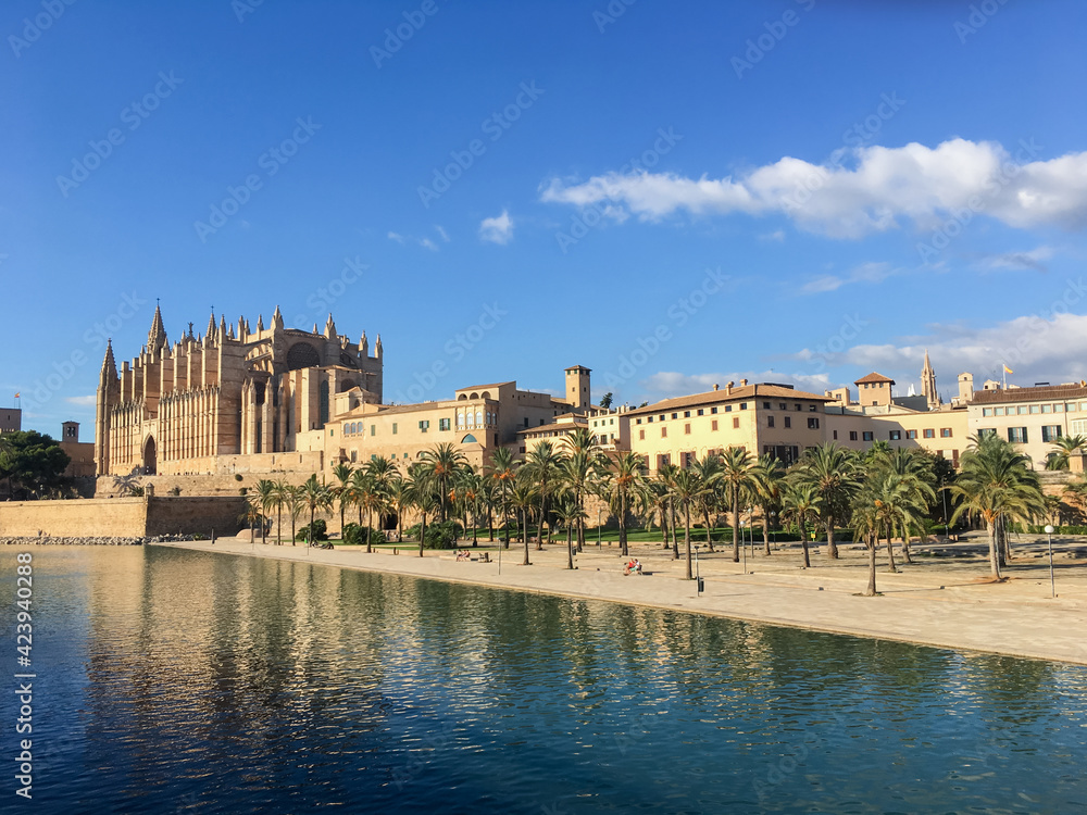 Surroundings of the Cathedral of Mallorca with palm grove and a large fountain in the city of Palma.