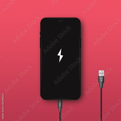 Realistic smartphone layout design with charging wire. There is a charge indicator on the screen. Suitable for web element, game, and app. Vector illustration.