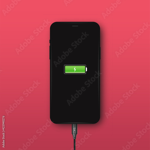 Realistic smartphone layout design with charging wire. There is a charge indicator on the screen. Suitable for web element, game, and app. Vector illustration.