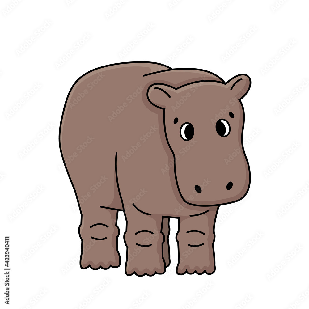 Cute brown outline doodle cartoon gray hippo stands or goes to somewhere, eyes slanted. Vector isolated illustration on white background, front view.
