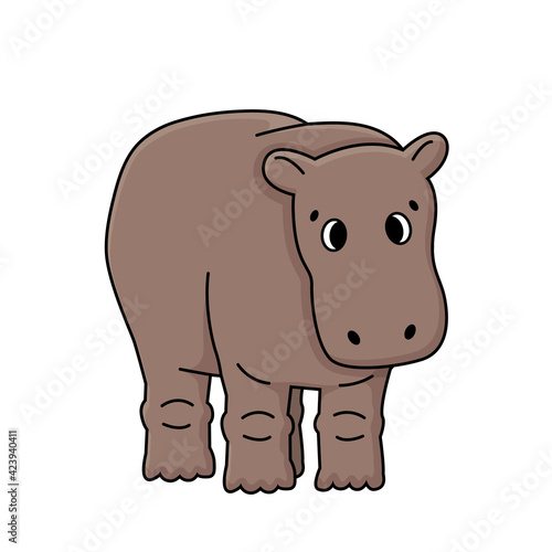 Cute brown outline doodle cartoon gray hippo stands or goes to somewhere, eyes slanted. Vector isolated illustration on white background, front view. © essskina