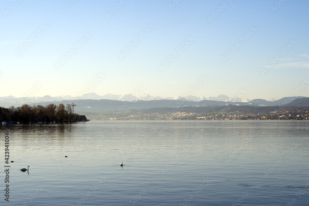 Lake Zurich, Switzerland, early in the morning, with Swiss alps in the background.