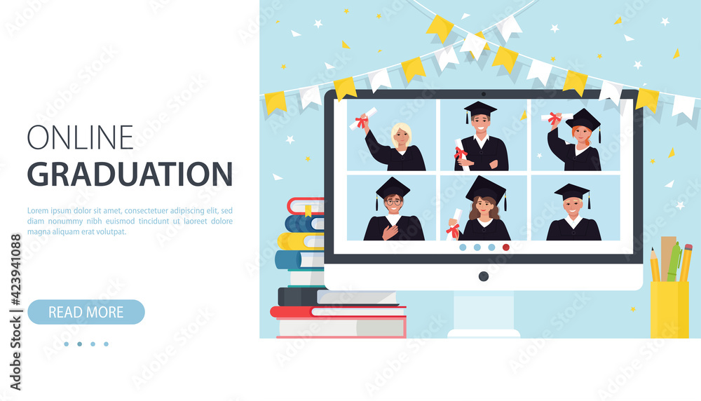 Online graduation banner. A group of young graduate students communicate via video conference during to coronavirus Covid-19 pandemic. Vector illustration in flat style