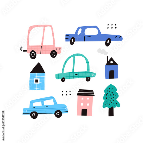 Cute cartoon motor cars, houses and tree collection clipart on white background
